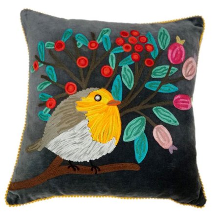 Velvet kussen met vogel - grijs
