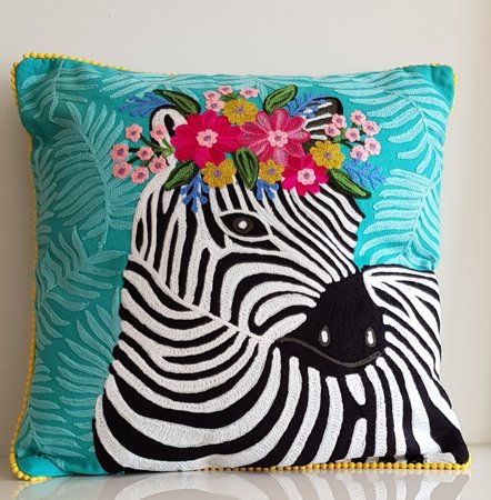 Cushion Zebra with flowers  - blue