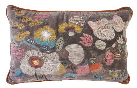 Velvet Kussen met bloemen Mae- grijs 35x50