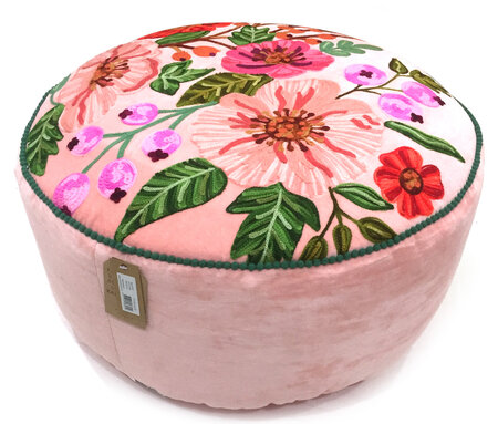 Roze poef met handgeborduurde bloemen. ⌀ 50 cm.