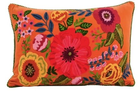 Oranje velvet kussen met bloemen - 40x60