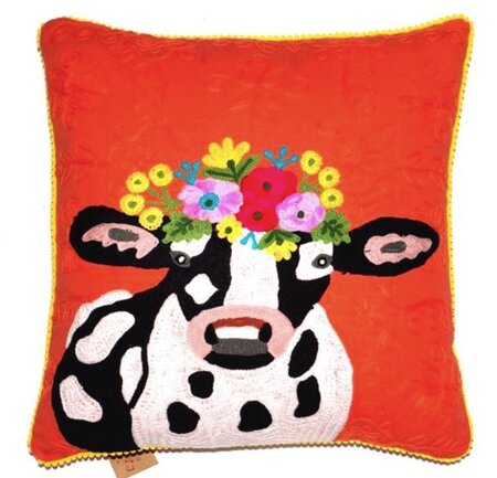 Kussen Koe met bloemen - oranje