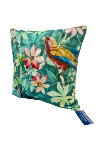 Groen velvet sierkussen met tropische vogel 50x50