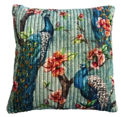 Aqua velvet kussen met pauw & bloesem 50x50