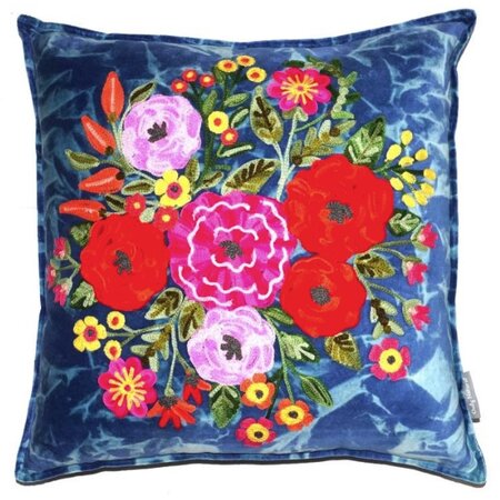 Stonewashed velvet sierkussen met bloemen - Blauw 45x45