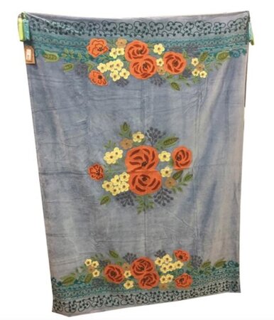 Blue velvet plaid with embroidered flowers and orange tassels 106x152