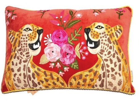 Steenrood velvet sierkussen met luipaarden en bloemen - 40x60