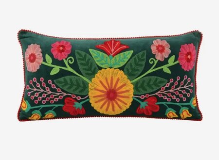 Groen velvet sierkussen met bloemen - 30x60