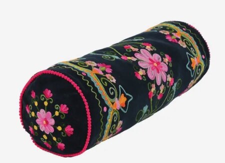 Velvet bolster with embroidered flowers - navy blue 52x18