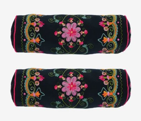 Velvet Bolster met handgeborduurde bloemen - donkerblauw 52x18