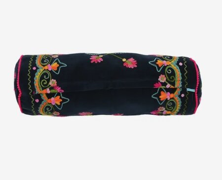 Velvet Bolster met handgeborduurde bloemen - donkerblauw 52x18