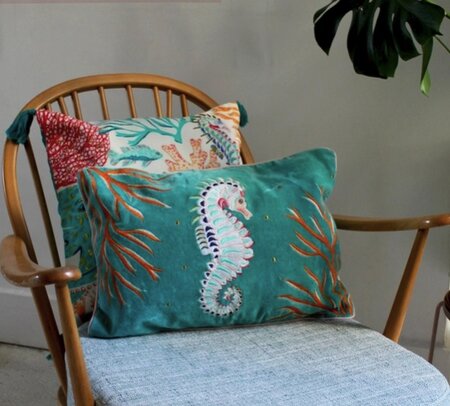 Embroidered velvet seahorse cushion 52x35