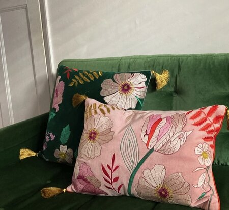 Pink velvet cushion with embroidered flowers and tassels 35x50