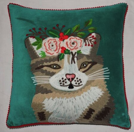 Kat met bloemen - petrol 45x45