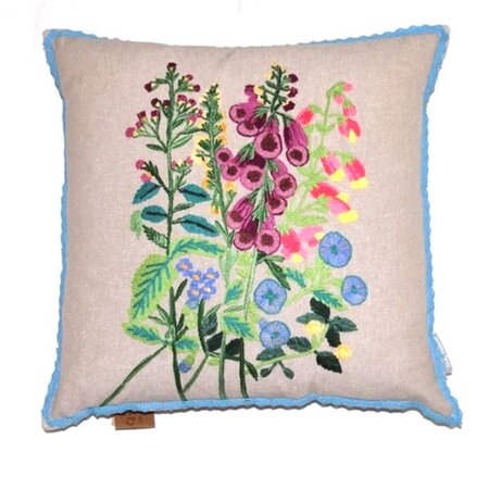 Cotton cushion wild flowers lightblue crocheted trim 45x45 cm