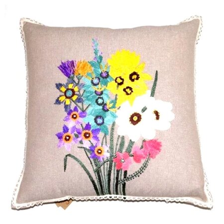 Cotton cushion wild flowers white crocheted trim 45x45 cm