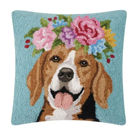 Hand-knotted cushion with Beagle and floral print - 50x50
