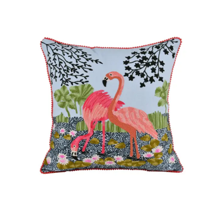 Sierkussen  - Canvas katoen met geborduurde flamingo's - 45x45 cm